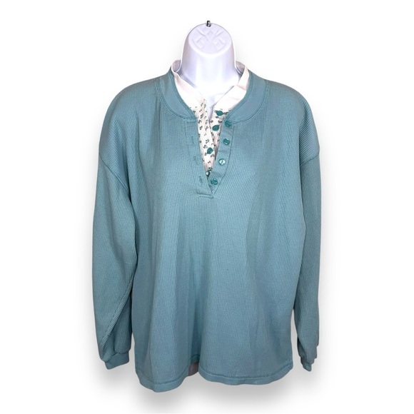 Bobbie Brooks Tops - XL Vintage 90s Blue Waffle Knit Thermal Top Floral Long Sleeve Bobbie Brooks